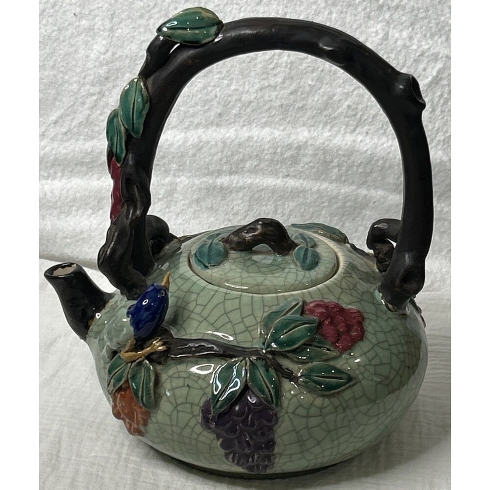 EXCEPTIONAL POTTERY TEAPOT WITH BIRD, FLOWERS & VINES~12" TALL TO TOP OF HANDLE